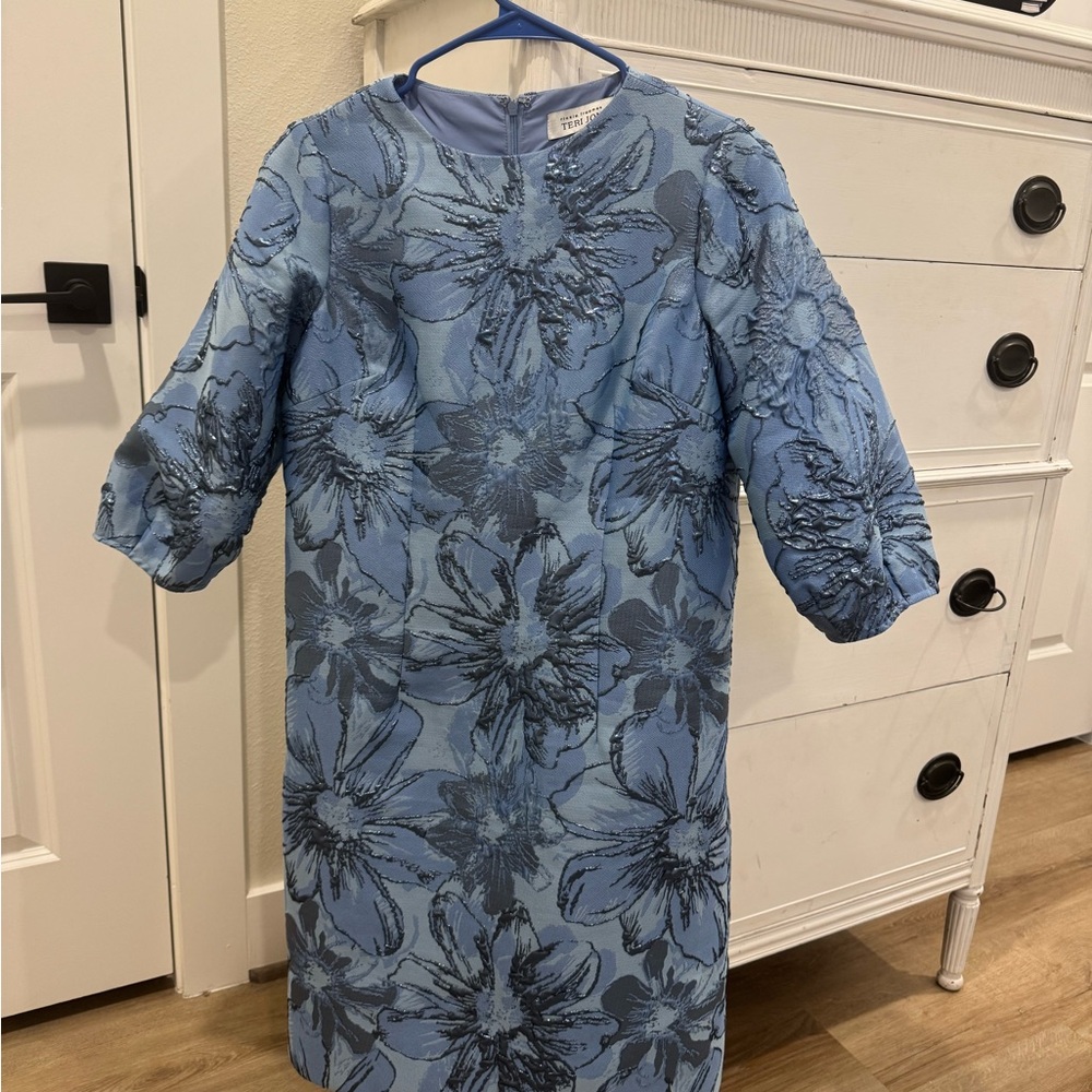 Teri Jon Blue Sheath Dress with Puff Sleeves